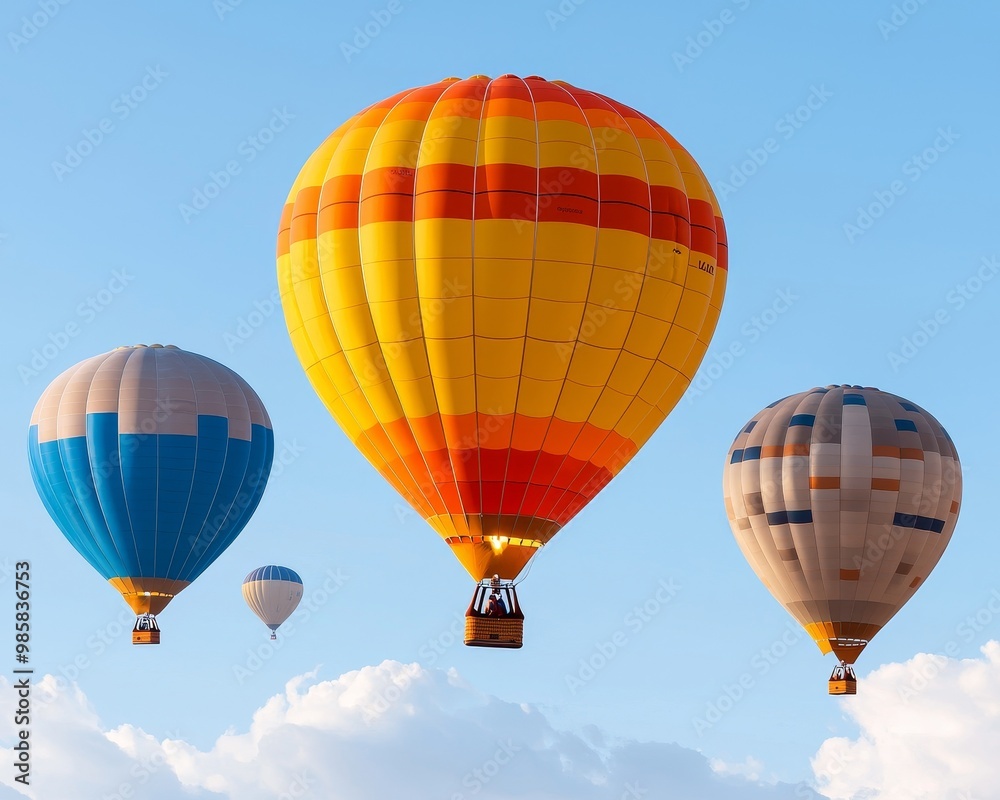 Fototapeta premium Four colorful hot air balloons soar through a clear blue sky, with fluffy clouds in the background.