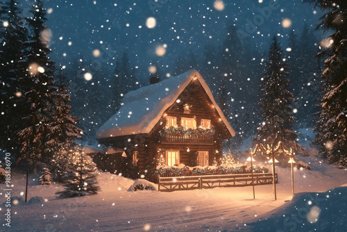 Cozy cabin glowing with holiday lights during a snowy night.