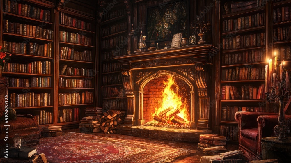 Cozy fireplace in a small library, with shelves of books and a fire casting a warm glow. Cozy fireplace in a small library, with shelves of books and a fire casting a warm glow.