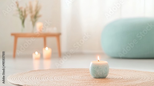 A serene interior scene featuring a lit candle, a soft blue pouf, and a wooden table adorned with more candles, creating a calming ambiance.