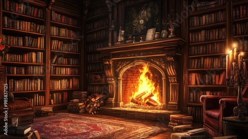 Cozy fireplace in a small library, with shelves of books and a fire casting a warm glow.