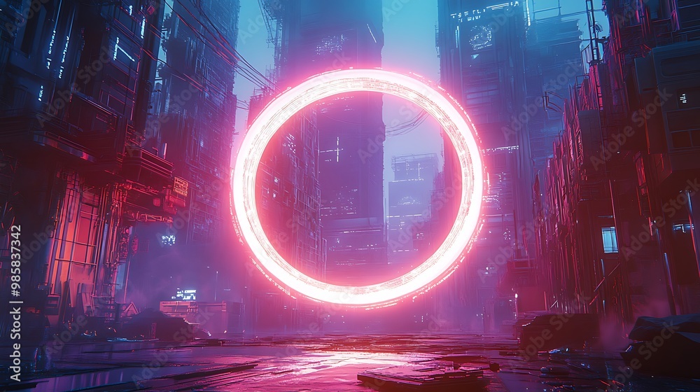 A glowing neon ring hovers in the air above a futuristic city street, casting an ethereal glow on the surrounding buildings. A glowing neon ring hovers in the air above a futuristic city street, casting an ethereal glow on the surrounding buildings.