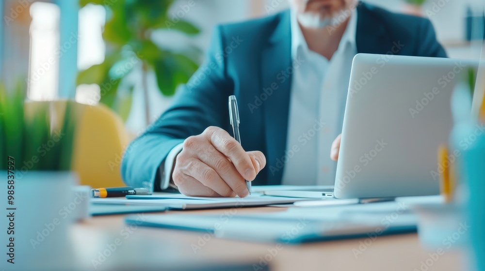 A businessman writes notes while working on a laptop in a bright office with green plants and organized paperwork. A businessman writes notes while working on a laptop in a bright office with green plants and organized paperwork.