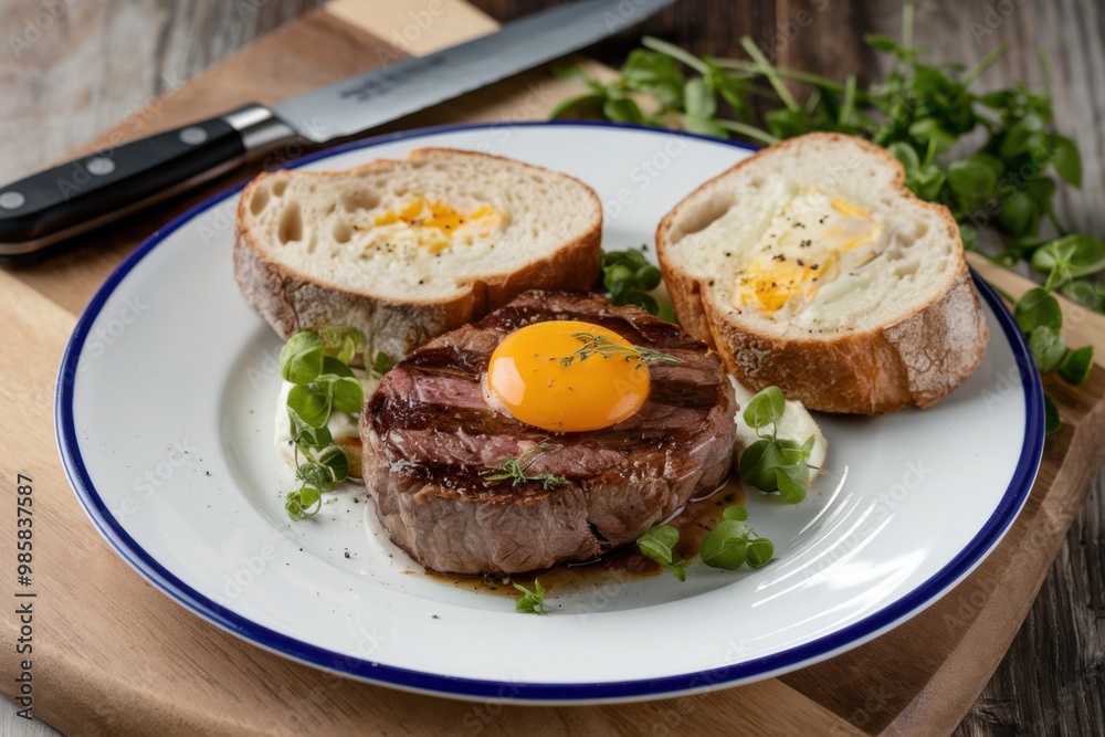 Gourmet Steak with Egg Yolk and Toast on Rustic Wooden Board Gourmet Steak with Egg Yolk and Toast on Rustic Wooden Board
