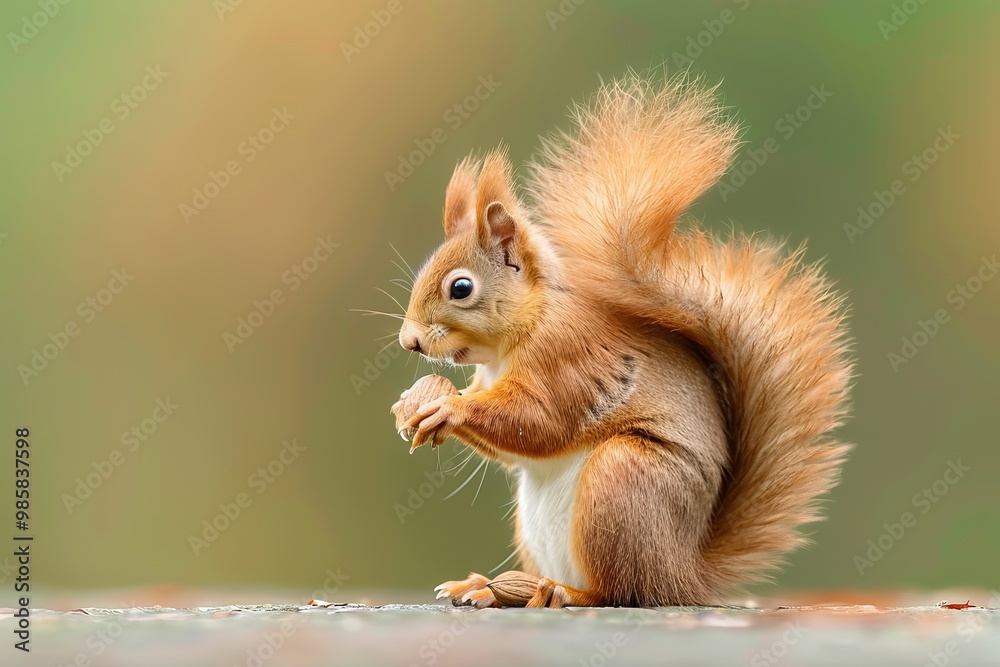 Close-up of a cute red squirrel sitting and nibbling food on a blurred natural background.