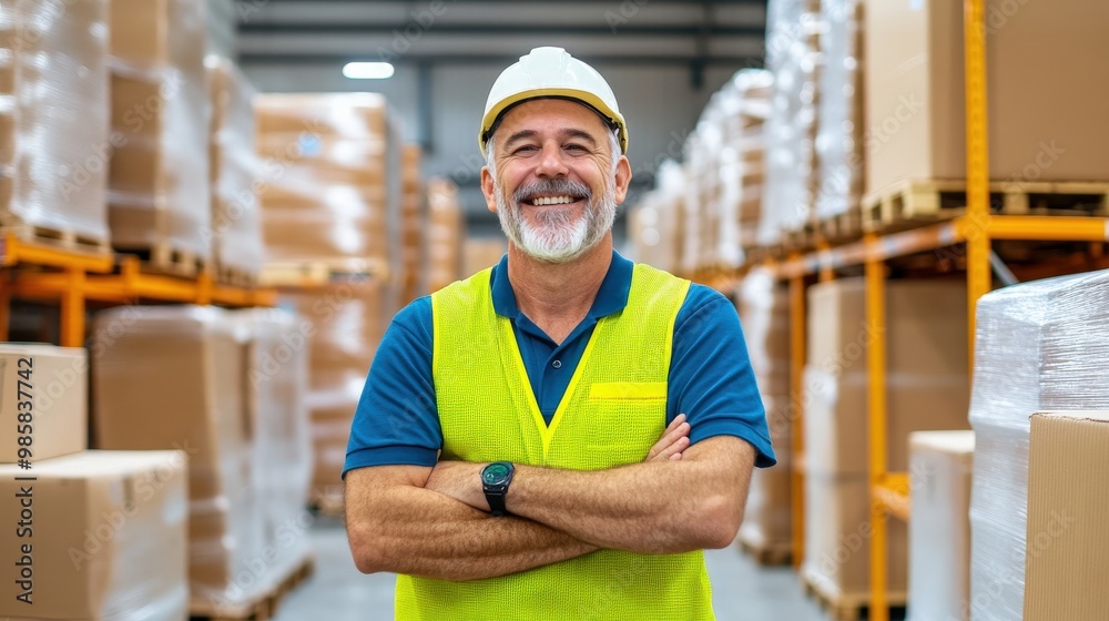 A smiling warehouse worker in safety gear stands confidently among stacked boxes in a well-organized storage facility. A smiling warehouse worker in safety gear stands confidently among stacked boxes in a well-organized storage facility.