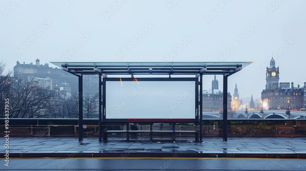 An empty bus stop sign with a backdrop of Edinburgh's skyline, hinting at travel. An empty bus stop sign with a backdrop of Edinburgh's skyline, hinting at travel.