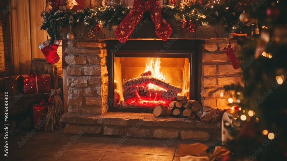 Fireplace with festive decorations and a warm fire glowing inside, creating a holiday atmosphere. Fireplace with festive decorations and a warm fire glowing inside, creating a holiday atmosphere.
