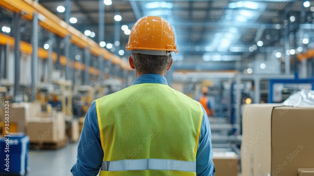 A worker in a safety vest and hard hat observes operations in a large warehouse environment filled with boxes and equipment. A worker in a safety vest and hard hat observes operations in a large warehouse environment filled with boxes and equipment.