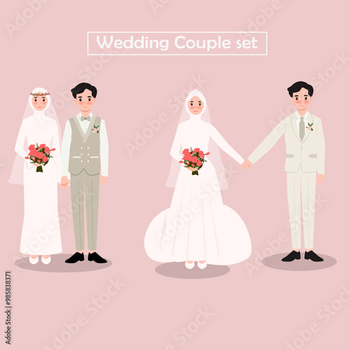 Muslim bride and groom standing while holding hands