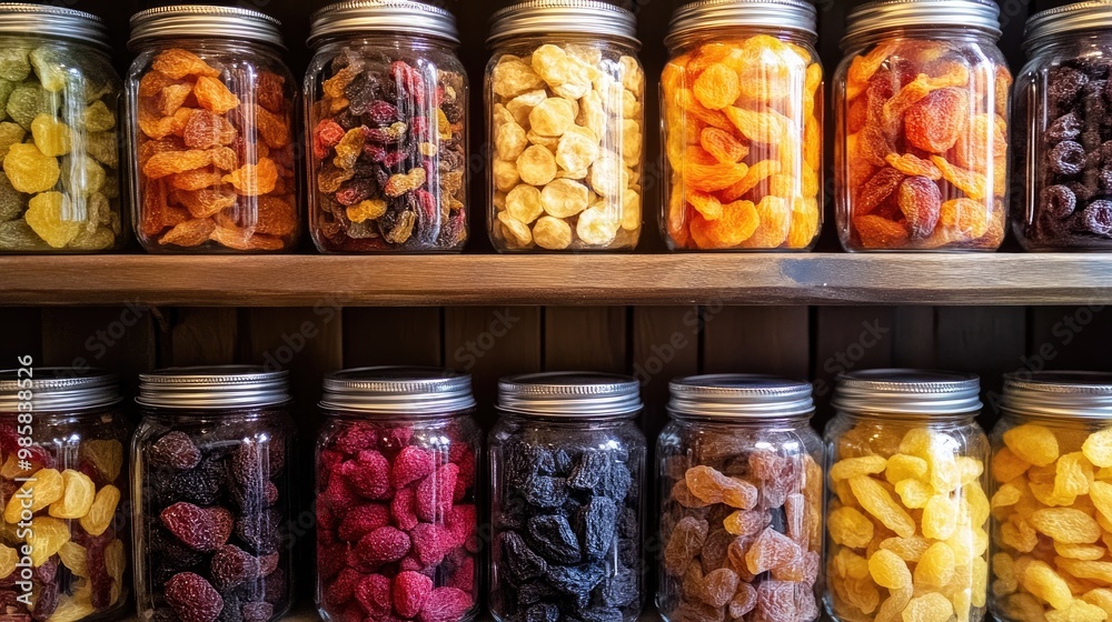 Glass jars filled with colorful dried fruits, stacked neatly in a pantry. Glass jars filled with colorful dried fruits, stacked neatly in a pantry.