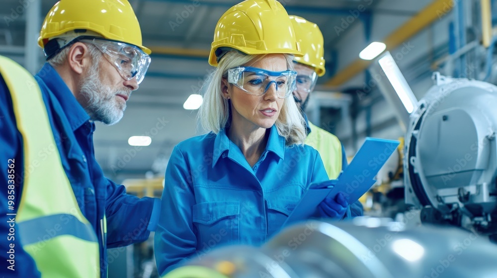 Fototapeta premium A group of engineers in yellow hard hats and safety goggles is analyzing machinery in an industrial setting.
