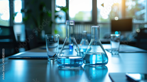 Various scientific tools and equipment placed on a meeting table, representing the role of science in research and collaboration. Ideal for illustrating teamwork in scientific endeavors.