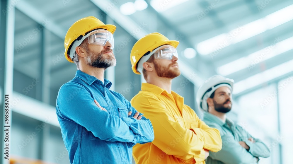Three construction workers in hard hats and safety glasses stand confidently inside a warehouse, reflecting professionalism and teamwork.