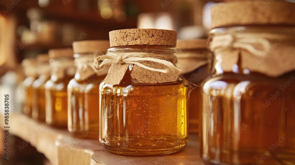 Glass jars filled with honey, sealed with cork lids, and tied with rustic string. Glass jars filled with honey, sealed with cork lids, and tied with rustic string.