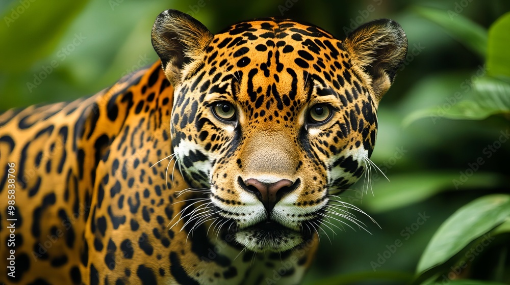 Obraz premium A majestic jaguar roams its untamed habitat with keen eyes and powerful presence. Its spots, a natural camouflage against the verdant jungle, blend into the vibrant undergrowth