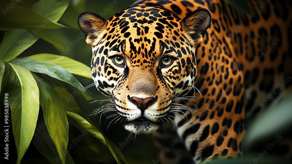 Obraz premium A majestic jaguar roams its untamed habitat with keen eyes and powerful presence. Its spots, a natural camouflage against the verdant jungle, blend into the vibrant undergrowth