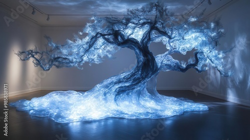 bioluminescent jungle vine sculpture defying gravity in a minimalist gallery space ethereal glow emanates from within twisted branches casting intricate shadow patterns photo