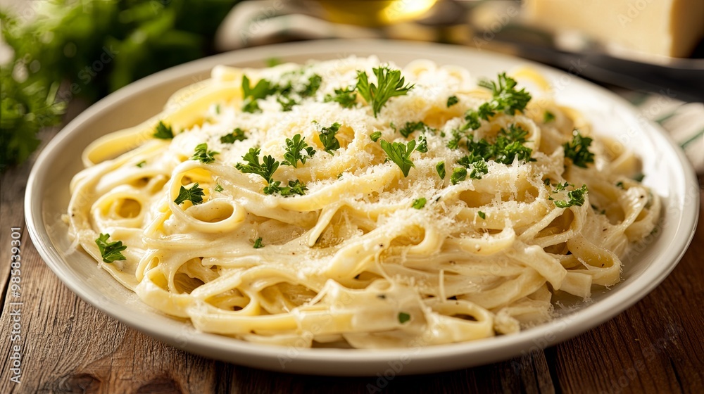 A plate of creamy fettuccine pasta garnished with parsley and cheese, served on a rustic wooden table. A plate of creamy fettuccine pasta garnished with parsley and cheese, served on a rustic wooden table.