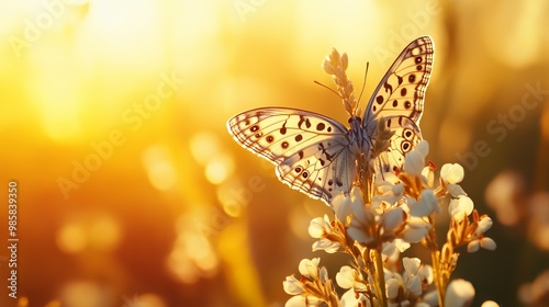 A Melanargia lachesis butterfly delicately perches on a flower against a warm sunset backdrop. The golden light illuminates the intricate patterns on its wings.  photo