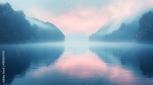 Tranquil lake at dawn, misty water reflecting soft pastel skies.