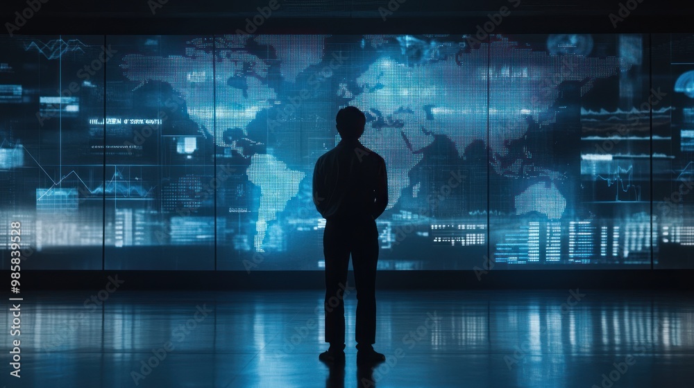 Businessman standing in front of a large screen displaying complex economic indicators and global market statistics Businessman standing in front of a large screen displaying complex economic indicators and global market statistics