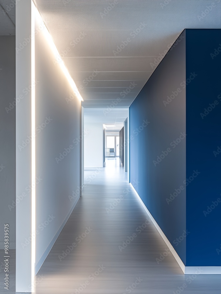 A long, narrow hallway features a striking blue wall and soft, ambient lighting, leading to a bright office area A long, narrow hallway features a striking blue wall and soft, ambient lighting, leading to a bright office area