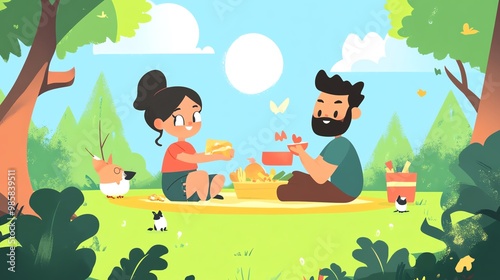 A cheerful couple enjoying a picnic in a beautiful garden, surrounded by nature and wildlife, under a bright sunny sky. photo