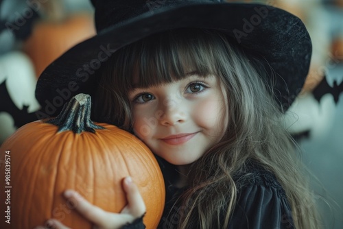 Little girl wearing witch costume holding pumpkin for halloween