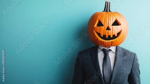 Businessman wearing jack-o-lantern on turquoise background for halloween photo