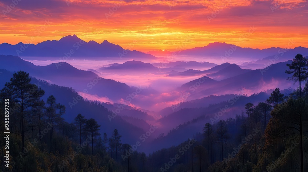 Obraz premium breathtaking mountain sunrise paints the sky in vivid hues of orange pink and gold majestic peaks silhouetted against the dawning light mistfilled valleys slowly awakening to a new day