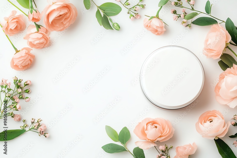 Delicate floral arrangement surrounds a blank cosmetic jar, perfect for showcasing skincare products with a soft, romantic touch. Delicate floral arrangement surrounds a blank cosmetic jar, perfect for showcasing skincare products with a soft, romantic touch.