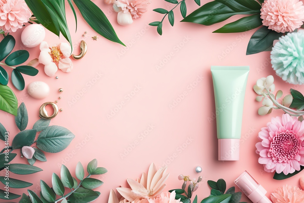 Aesthetic composition featuring greenery and pastel floral elements surrounding a cosmetic tube on a soft pink background. Aesthetic composition featuring greenery and pastel floral elements surrounding a cosmetic tube on a soft pink background.