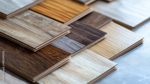 Close-up view of diverse wood laminate floor square samples, 