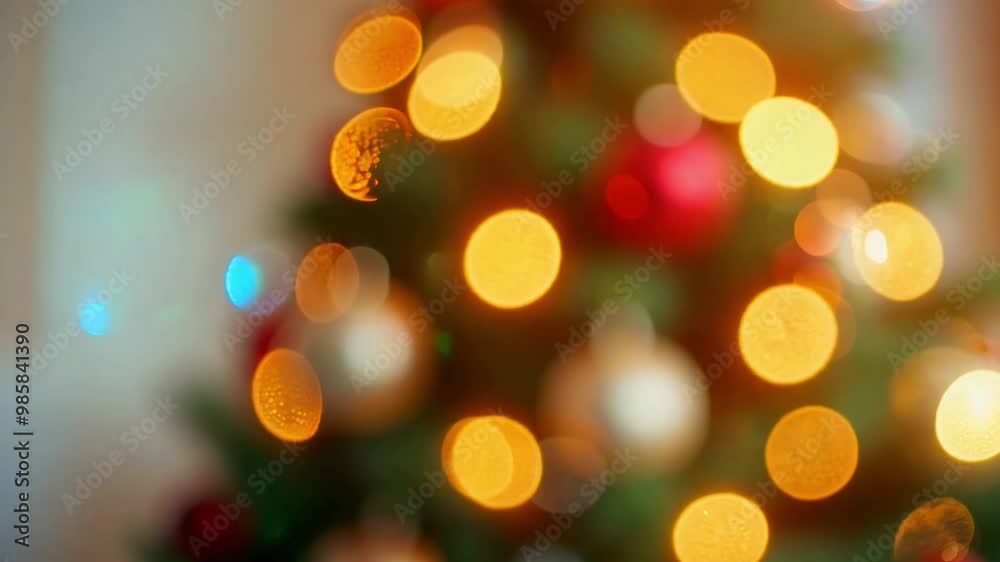Defocused Beautifully Lit Christmas Tree with Golden Bokeh Lights in Background Creating Warm Holiday Atmosphere Defocused Beautifully Lit Christmas Tree with Golden Bokeh Lights in Background Creating Warm Holiday Atmosphere
