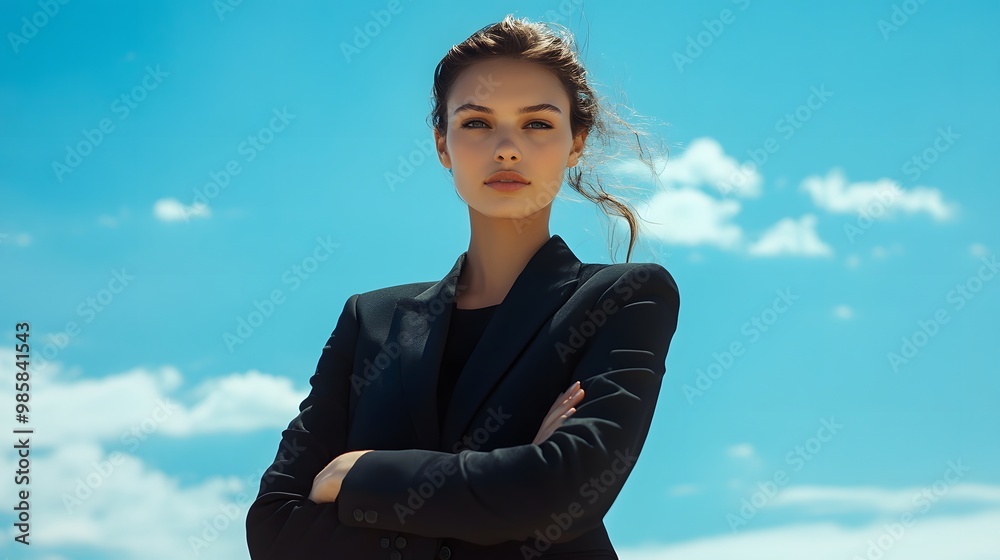 Woman in Black Suit Against Blue Sky Woman in Black Suit Against Blue Sky