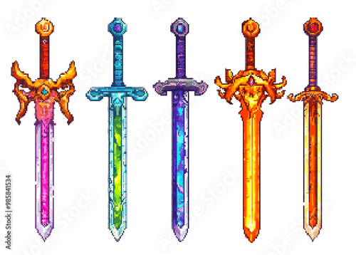 8bits pixel art, game assets of various fantasy colorful sword on transparent background photo