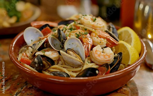 A delicious seafood pasta dish featuring shrimp, clams, and mussels, garnished with lemon and herbs. photo