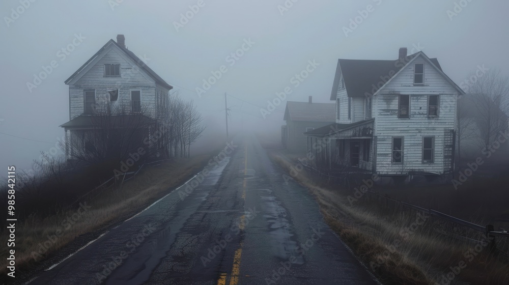 Foggy Road and Abandoned Houses Foggy Road and Abandoned Houses