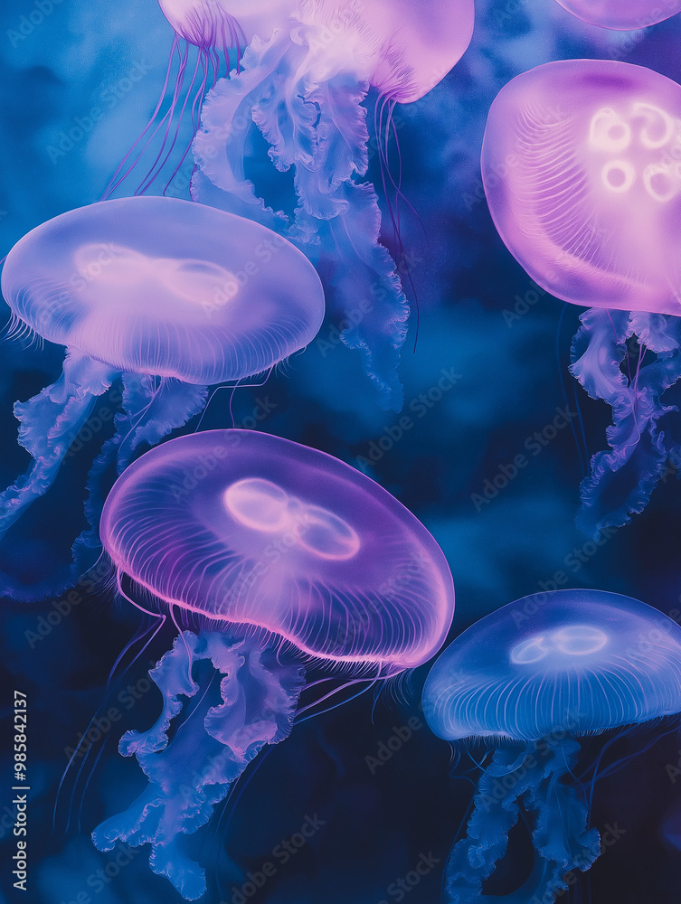 Mesmerizing watercolor painting of jellyfish gracefully drifting in the depths of the ocean, illuminated by ethereal light, showcasing their translucent bodies and flowing tentacles amidst a backdrop 