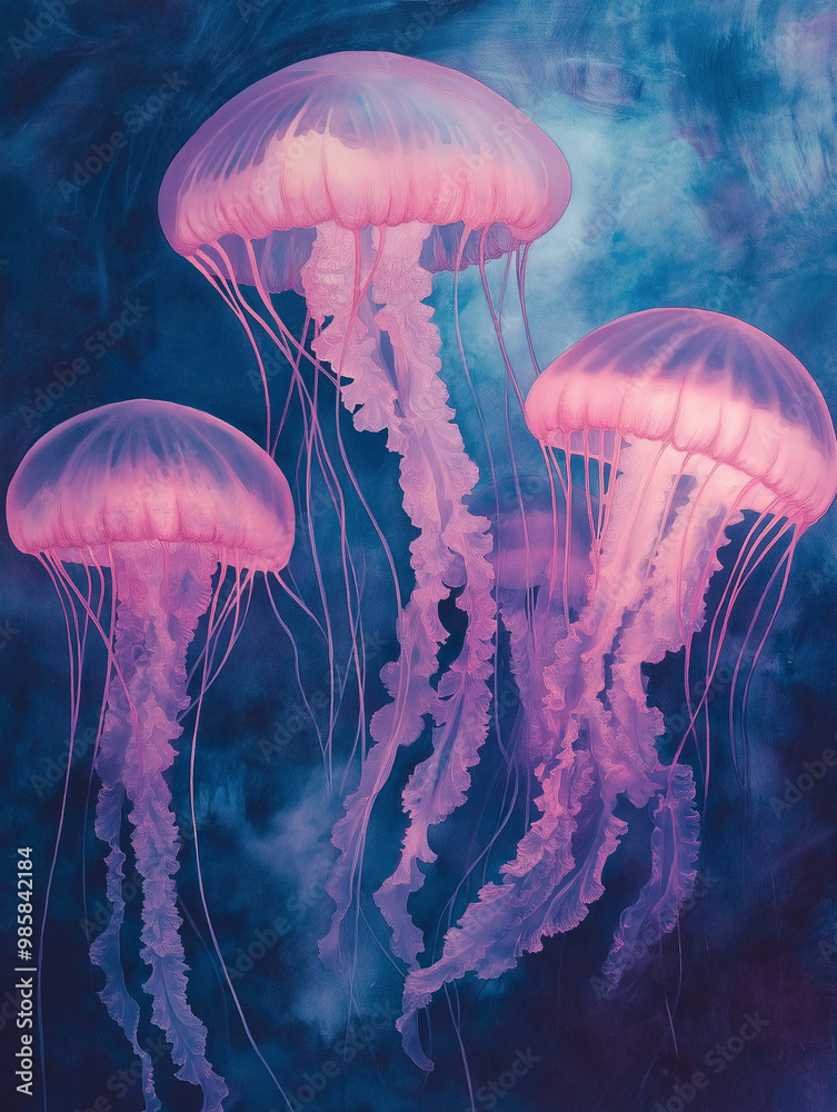 Obraz premium Mesmerizing watercolor painting of jellyfish gracefully drifting in the depths of the ocean, illuminated by ethereal light, showcasing their translucent bodies and flowing tentacles amidst a backdrop 