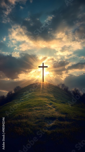 A wooden cross shining in the sky, atop an old hill covered with rubble and grasses. God rays, a dramatic sky, photorealistic, hyper-detailed, and a cinematic look.