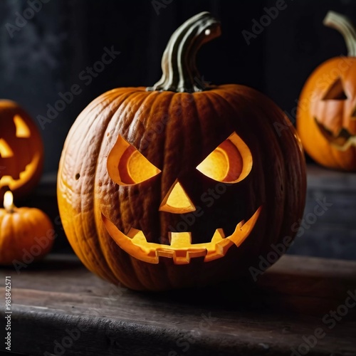 A carved Halloween pumpkin features a menacing face illuminated from within, with smoke curling upward, enhancing the haunting ambiance of the evening. Generative AI photo