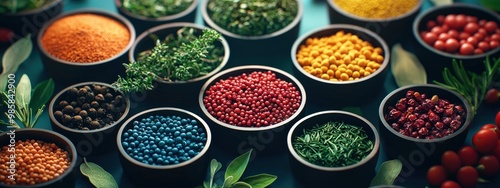 Spices and herbs being arranged in a geometric pattern on a table.