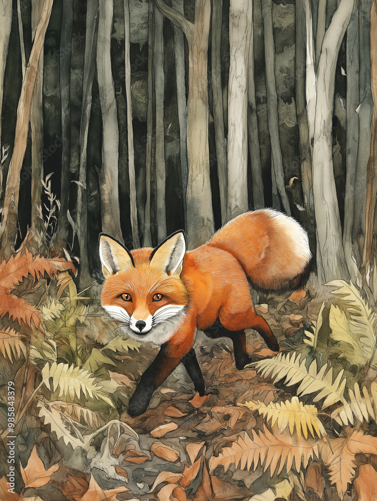 Fototapeta premium Intriguing watercolor painting of a sly fox stealthily creeping through tall grass, with its vibrant orange fur contrasting against the lush green backdrop, capturing the essence of its cunning nature