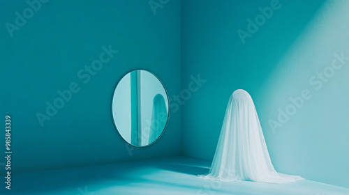 Ghost balloon and its reflection in pink frame on pink background photo