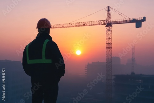 Engineer man on construction site at dawn on solid white background, single object photo