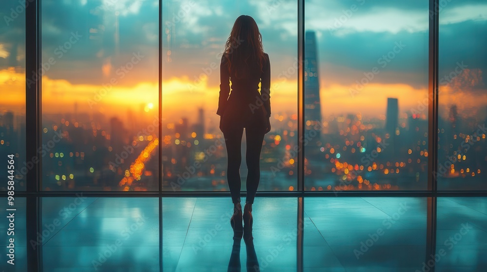 confident businesswoman in modern lightfilled office she stands before a wall of floortoceiling windows overlooking a bustling cityscape confident businesswoman in modern lightfilled office she stands before a wall of floortoceiling windows overlooking a bustling cityscape