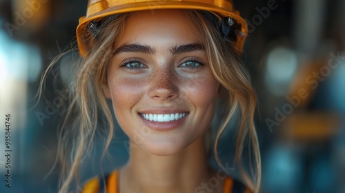 confident female construction worker on site wearing safety gear and hardhat warm smile conveying pride and competence in maledominated field photo