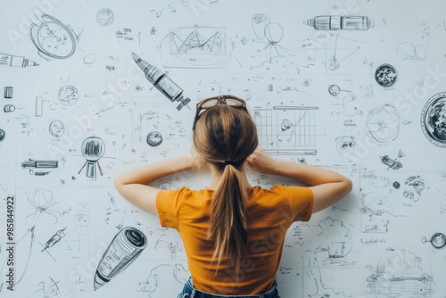 Female engineer planning space exploration missions, on solid white background, single object